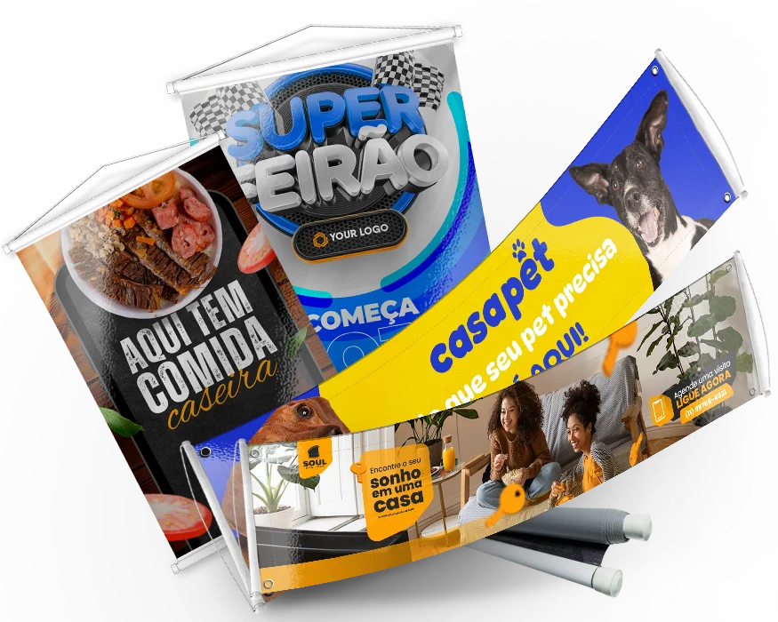 Conjunto de banners e lonas impressos para campanhas promocionais